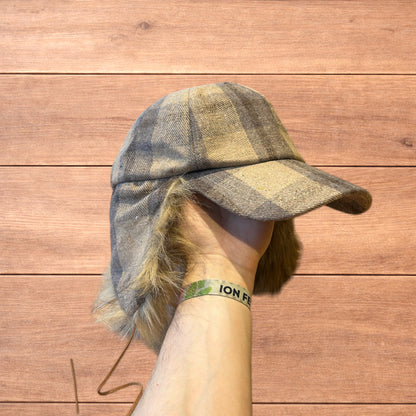 Vintage style trapper Russian ear flap hat cap in checkered beige colour way.
