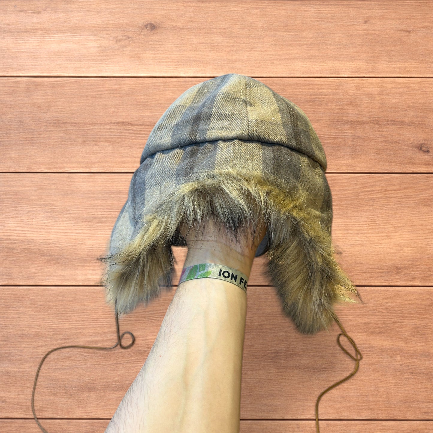 Vintage style trapper Russian ear flap hat cap in checkered beige colour way.