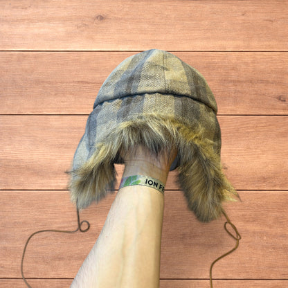 Vintage style trapper Russian ear flap hat cap in checkered beige colour way.