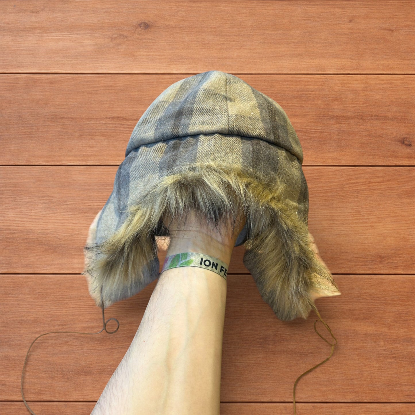 Vintage style trapper Russian ear flap hat cap in checkered beige colour way.