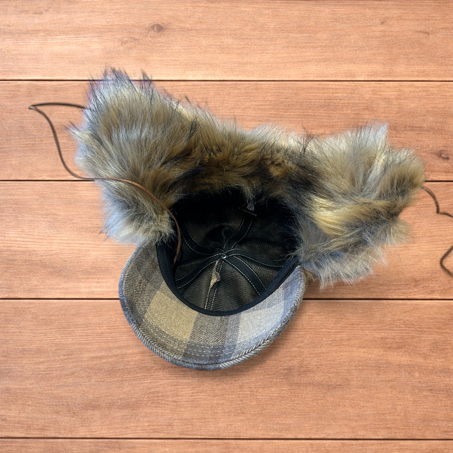 Vintage style trapper Russian ear flap hat cap in checkered beige colour way.