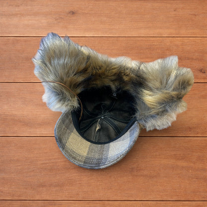 Vintage style trapper Russian ear flap hat cap in checkered beige colour way.