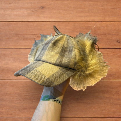 Vintage style trapper Russian ear flap hat cap in checkered beige colour way.