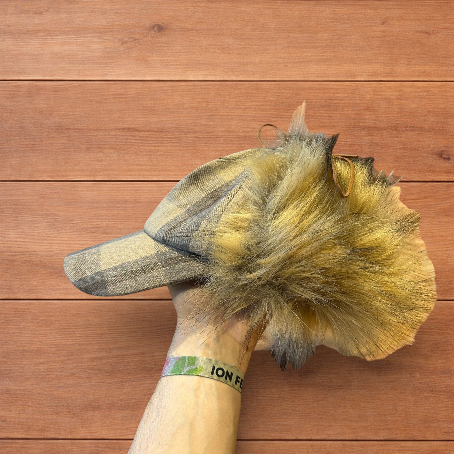 Vintage style trapper Russian ear flap hat cap in checkered beige colour way.