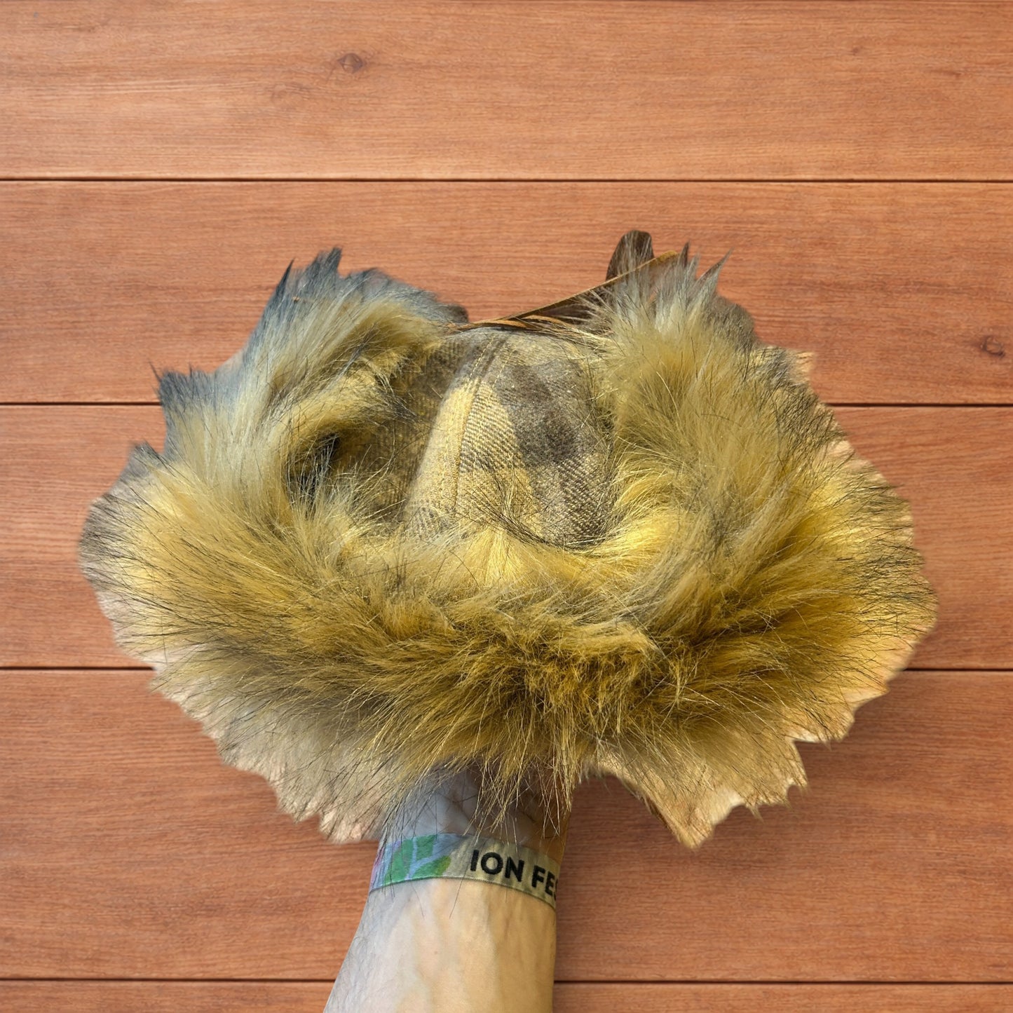 Vintage style trapper Russian ear flap hat cap in checkered beige colour way.