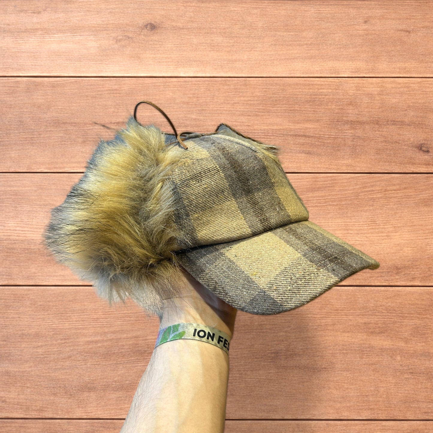 Vintage style trapper Russian ear flap hat cap in checkered beige colour way.
