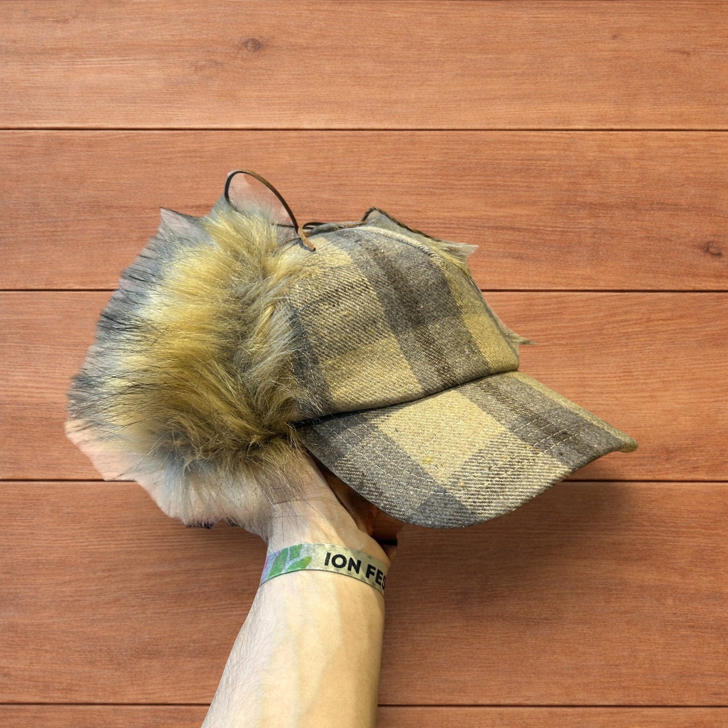 Vintage style trapper Russian ear flap hat cap in checkered beige colour way.