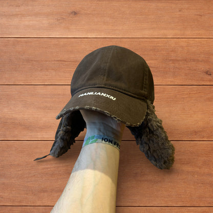 Vintage style trapper Russian ear flap hat cap in brown colour way.