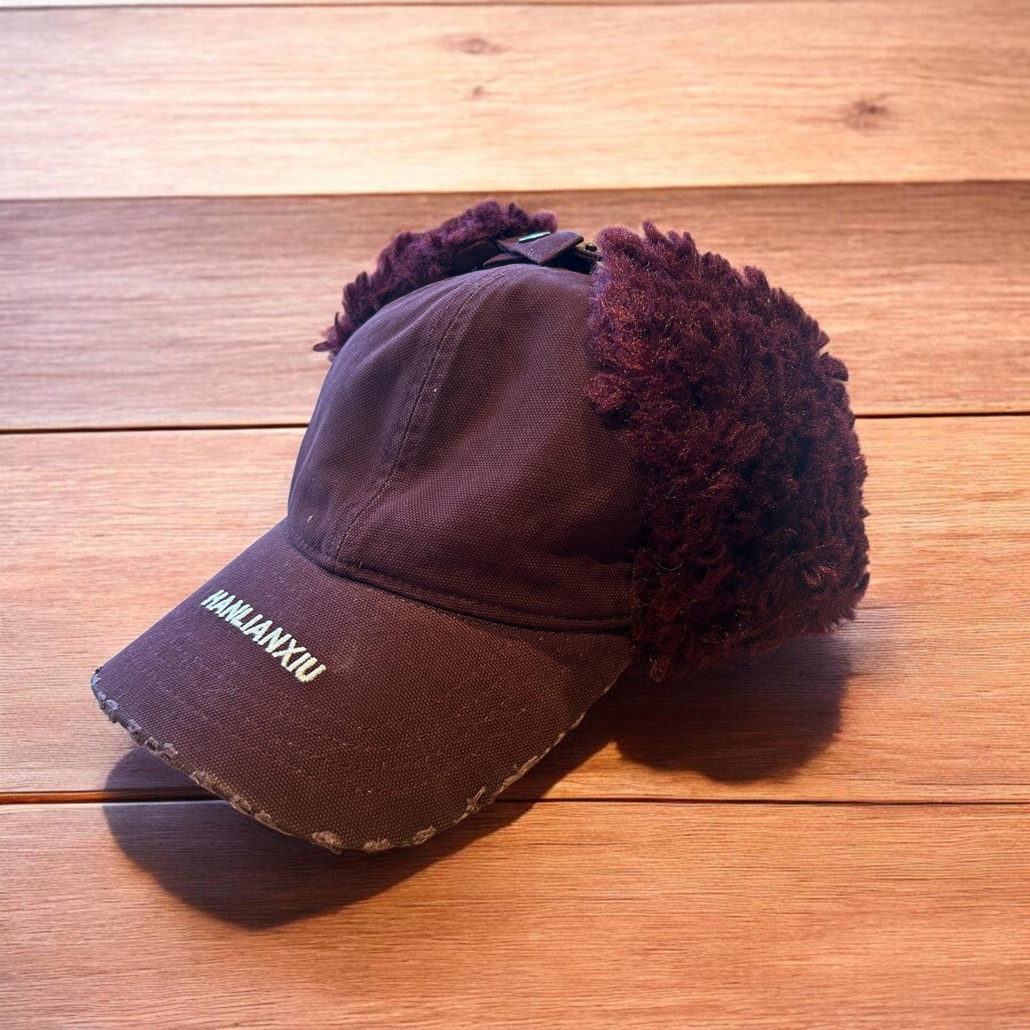 Vintage style trapper Russian ear flap hat cap in maroon/red colour way.