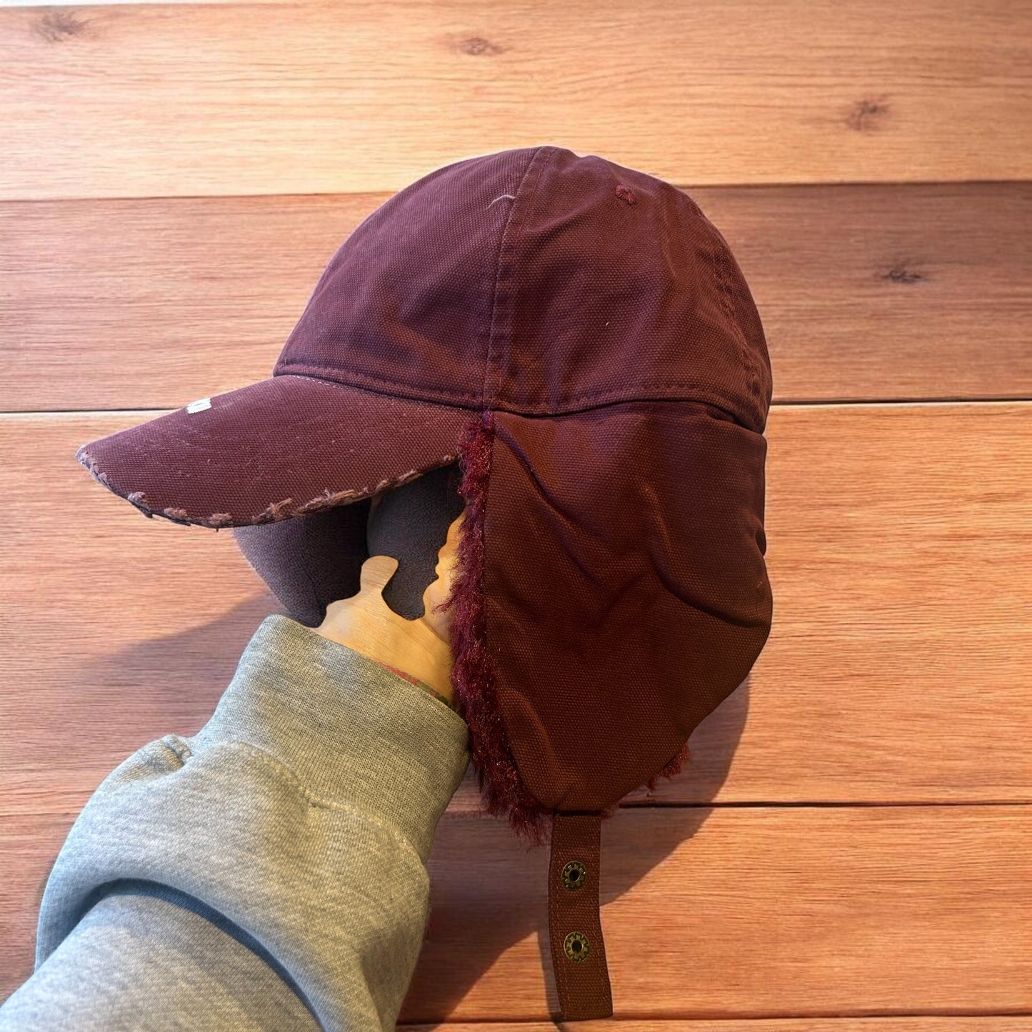 Vintage style trapper Russian ear flap hat cap in maroon/red colour way.