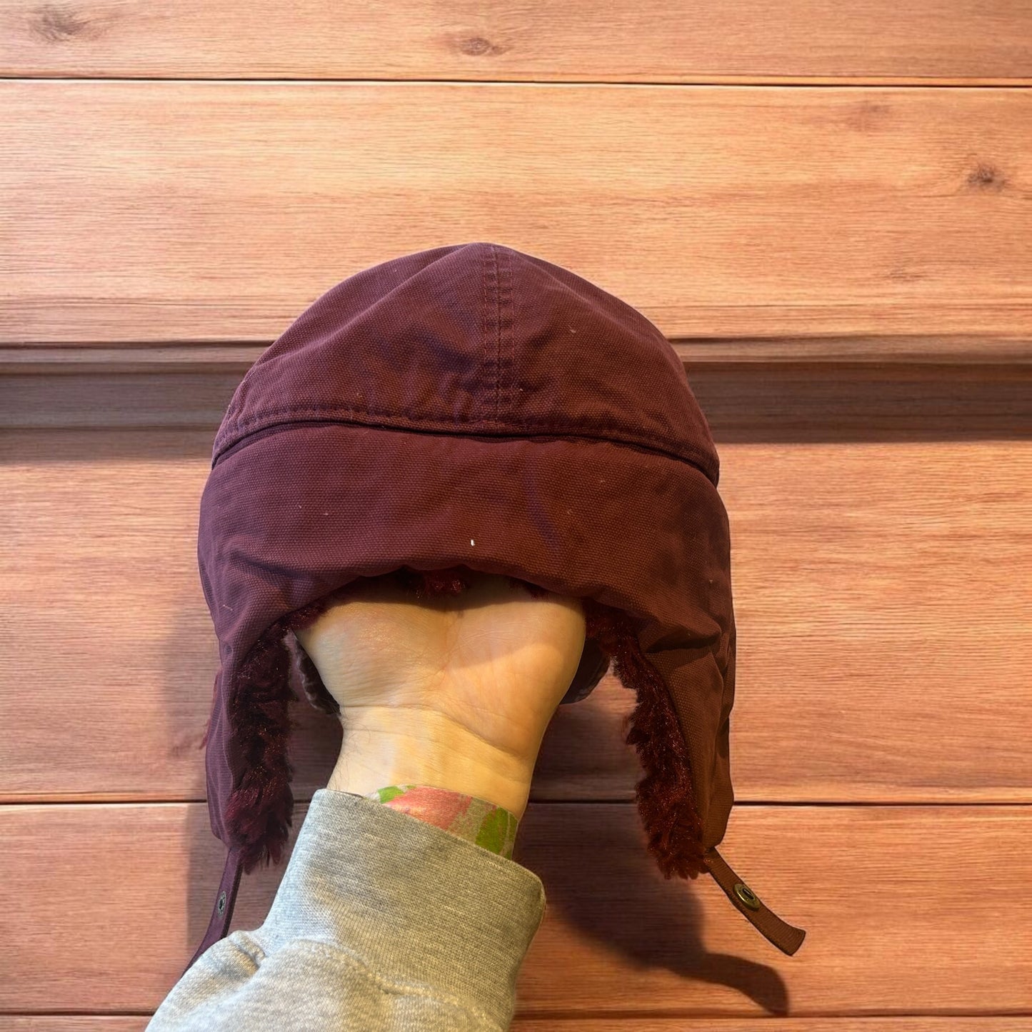 Vintage style trapper Russian ear flap hat cap in maroon/red colour way.