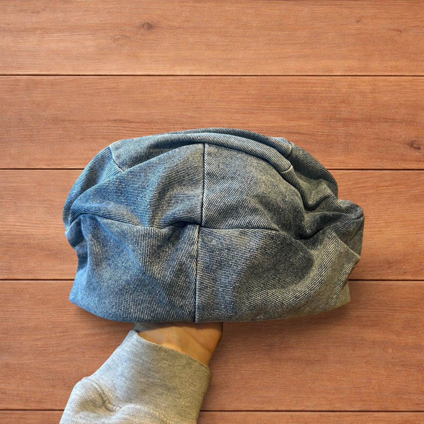 Vintage style denim newsboy painter flat cap beret in mid blue.