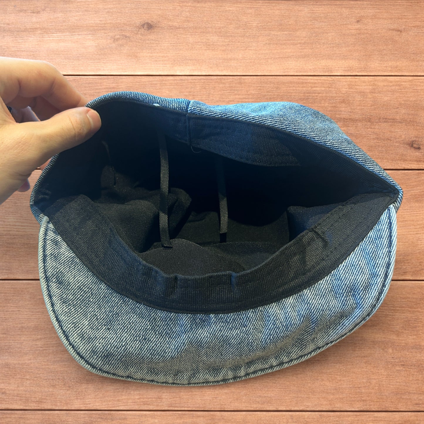 Vintage style denim newsboy painter flat cap beret in mid blue.