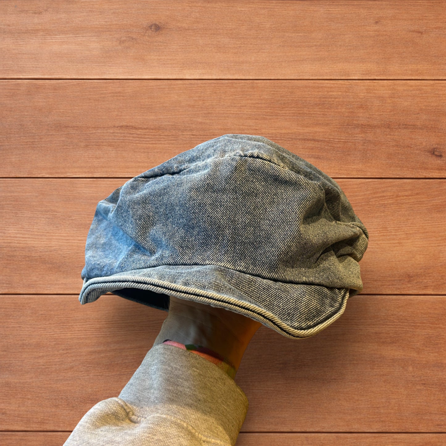Vintage style denim newsboy painter flat cap beret in mid blue.