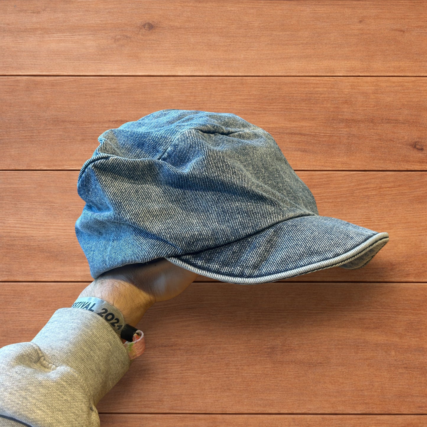 Vintage style denim newsboy painter flat cap beret in mid blue.