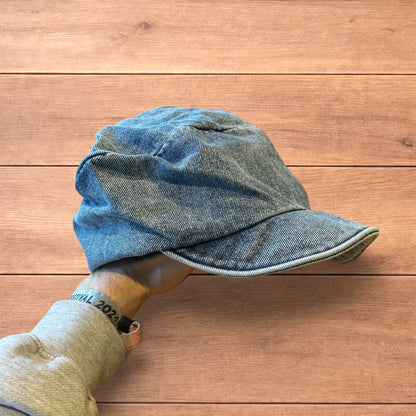 Vintage style denim newsboy painter flat cap beret in mid blue.