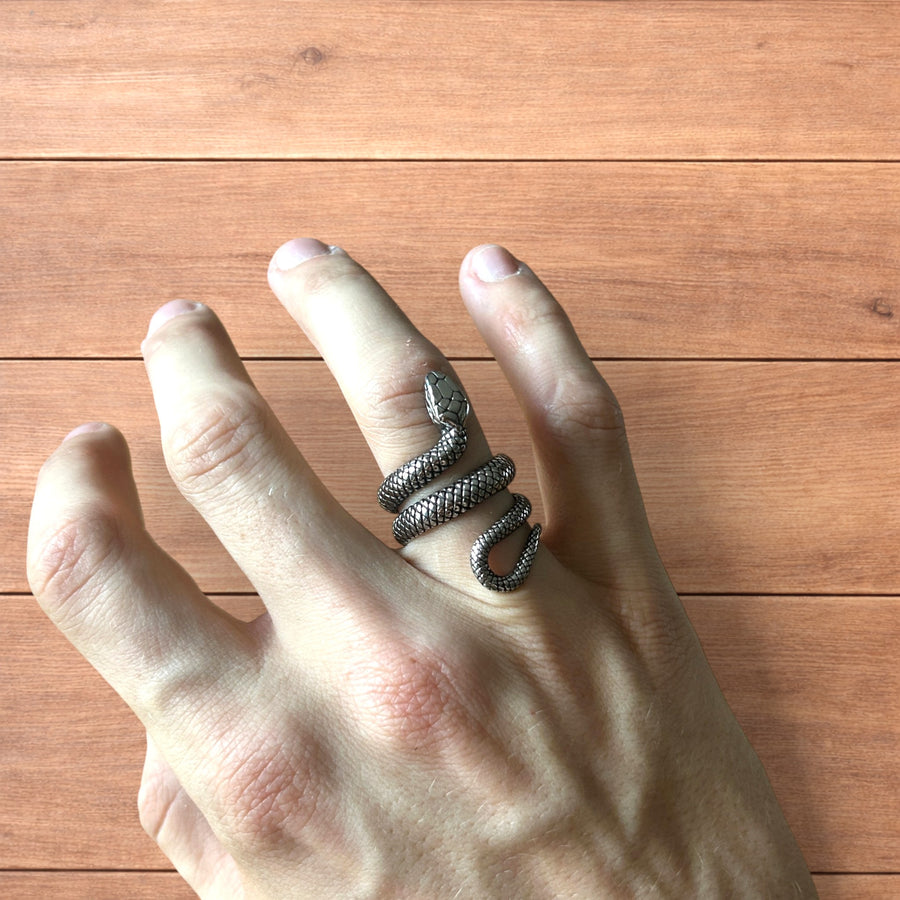 Silver vintage style snake ring coiled around a finger, showing detailed scales and head shape.