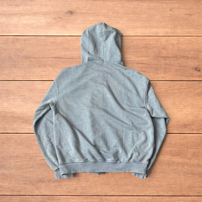 Light blue vintage style baggy zip up hoodie jumper laid flat showing front, back and details.