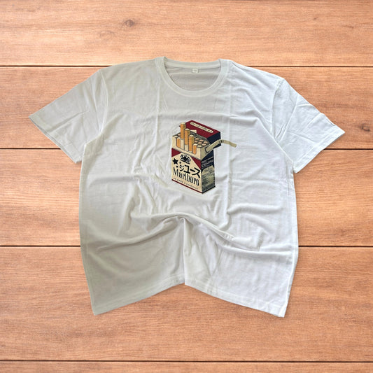 Novelty cigarettes tshirt with front graphic print in white.