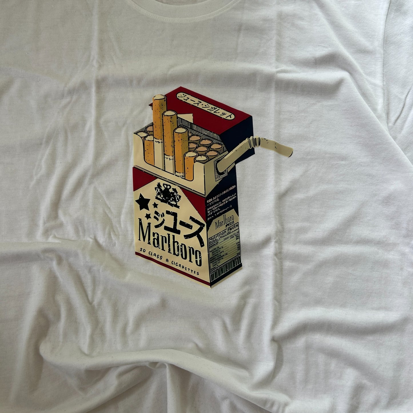 Novelty cigarettes tshirt with front graphic print in white.