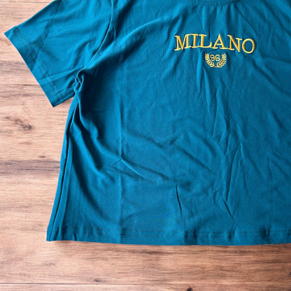 Lovely Milano top T-shirt in cyan blue with gold embroidery.