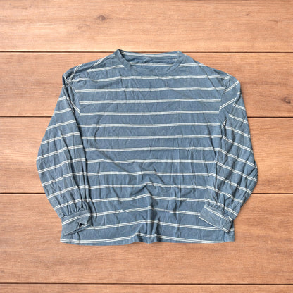 Relaxed fit striped long sleeve top t-shirt in light blue and white.