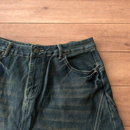 Super baggy wide leg denim carpenter shorts jorts in dark blue wash.