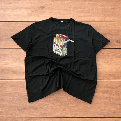 Novelty cigarettes tshirt with front graphic print in black.