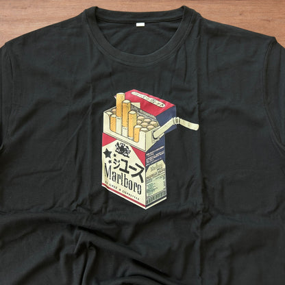 Novelty cigarettes tshirt with front graphic print in black.