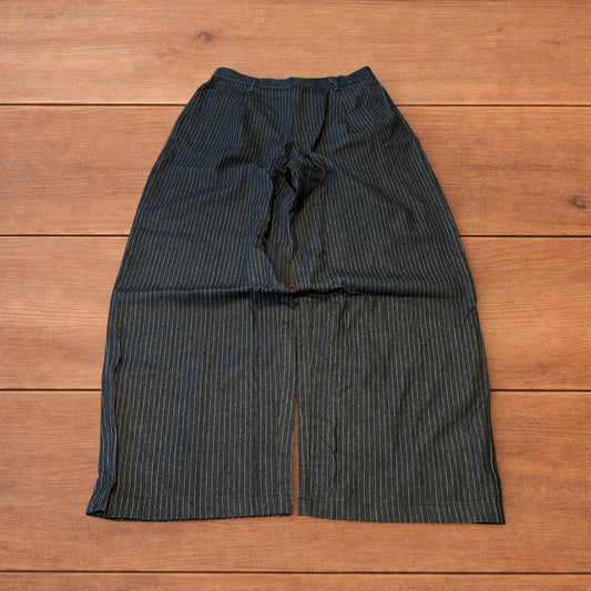 Vintage style baggy wide leg pleated twill pinstripe trousers in navy blue.