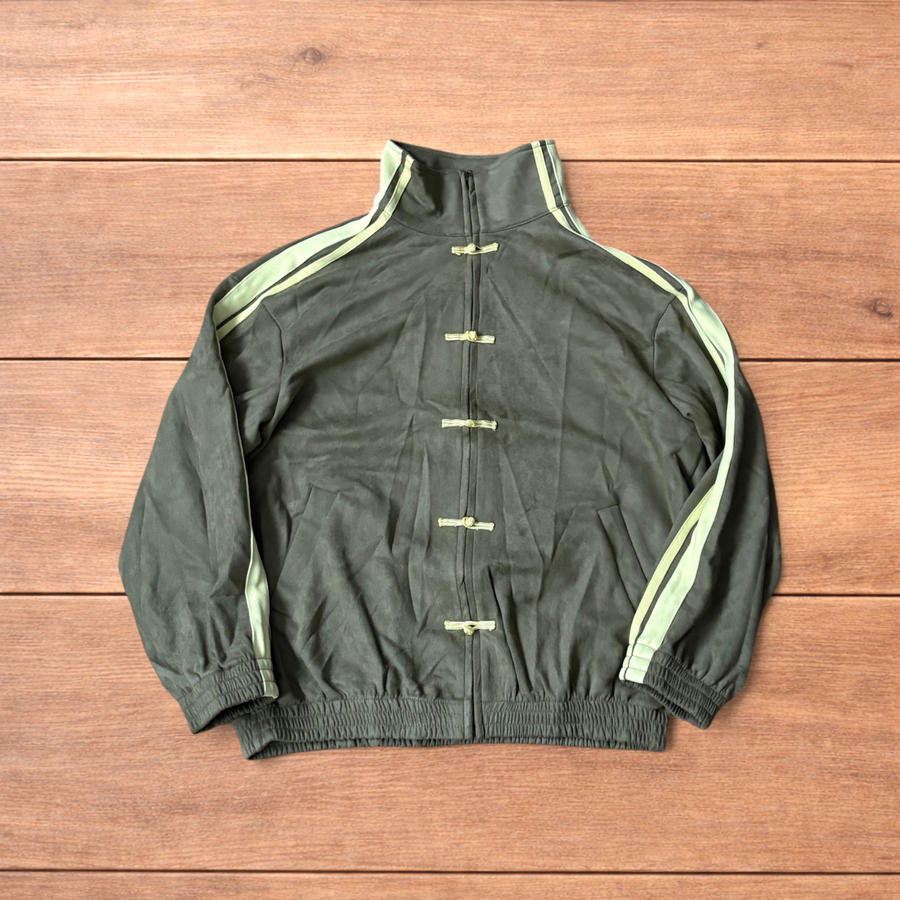 Japanese style zip up track jacket in khaki green with pale green stripes on sleeves and knotted loop front fastenings.