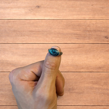 Vintage style stainless steel Bonne Chance ring in silver/ blue.