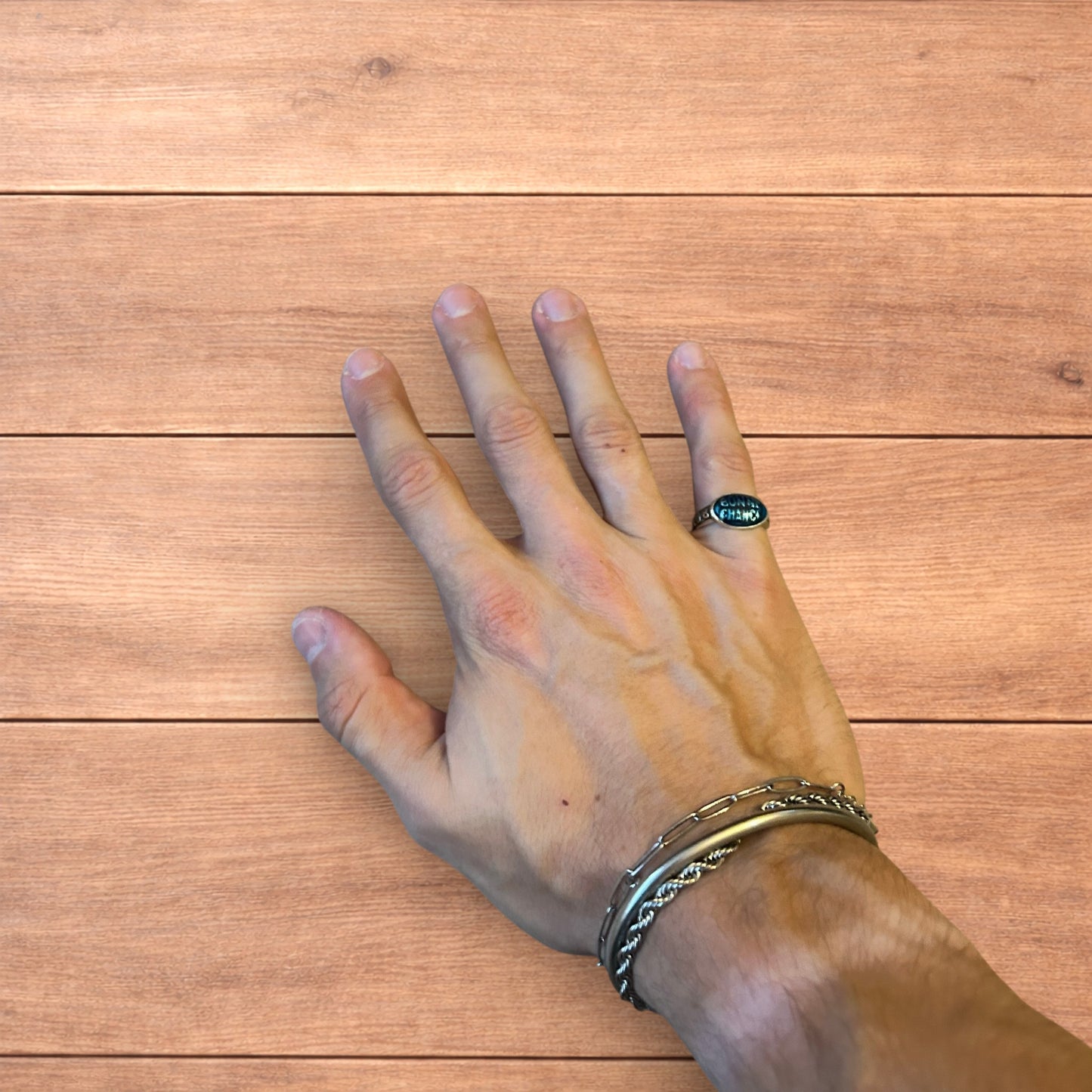 Vintage style stainless steel Bonne Chance ring in silver/ blue.