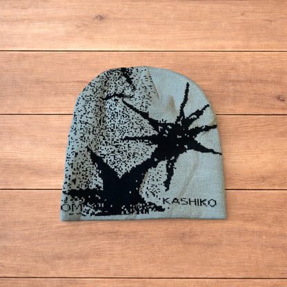 Cool Japanese vintage style beanie hat with graphic design in grey.
