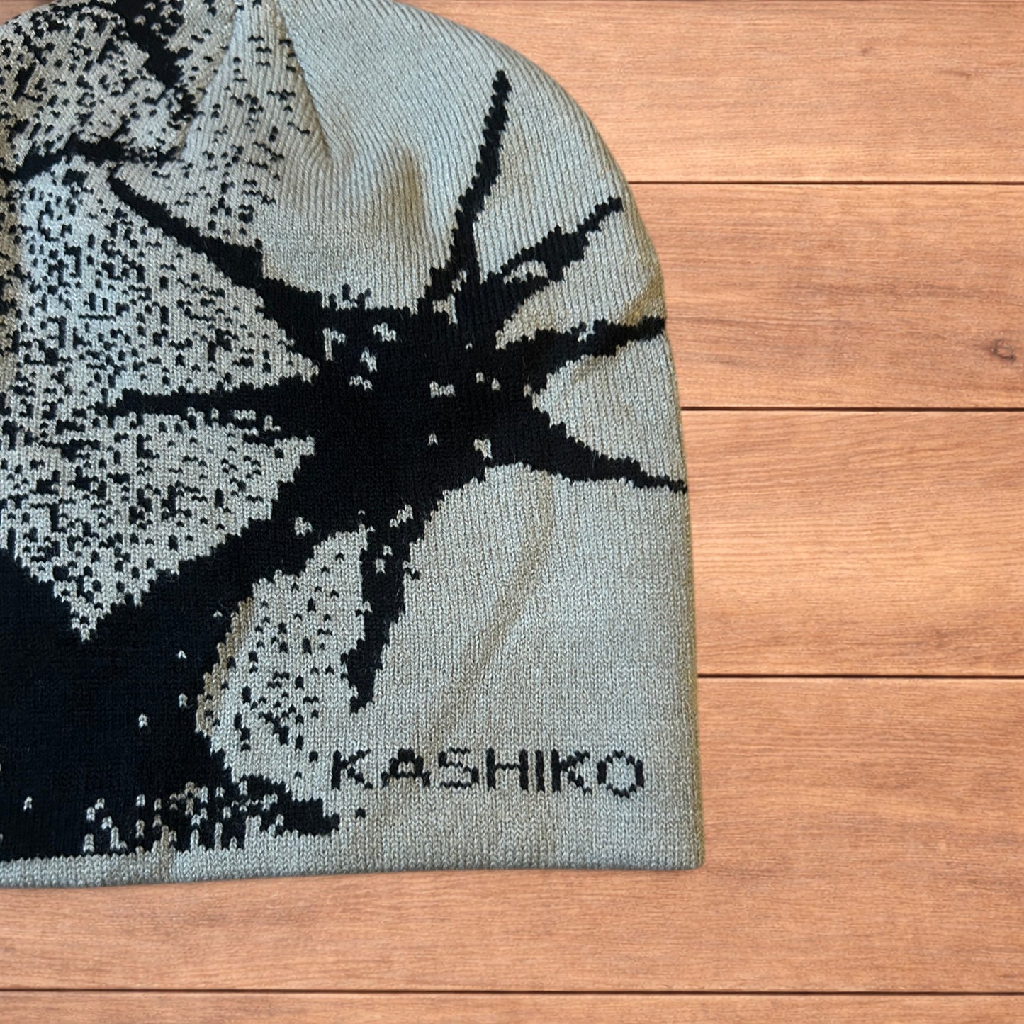 Cool Japanese vintage style beanie hat with graphic design in grey.