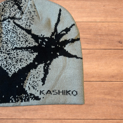 Cool Japanese vintage style beanie hat with graphic design in grey.