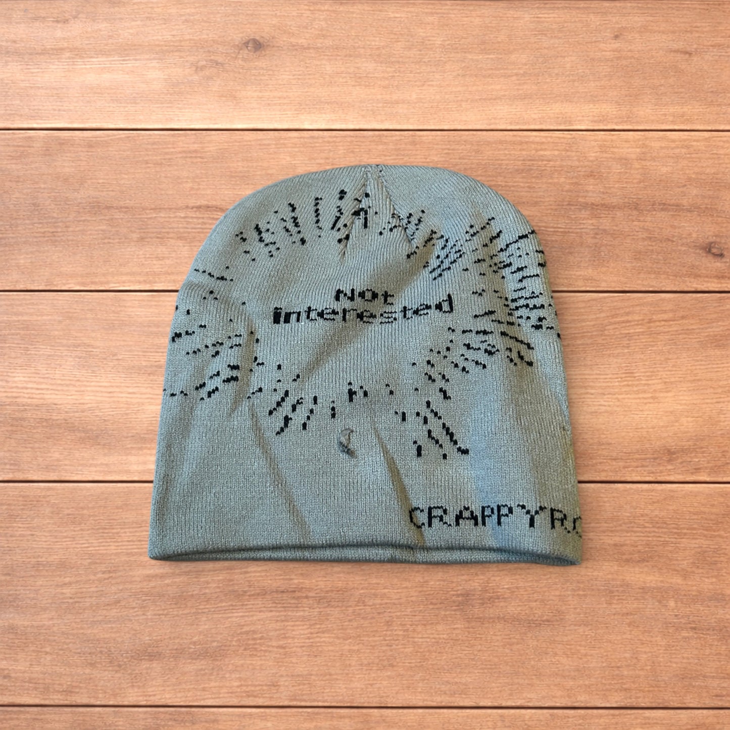 Cool Japanese vintage style beanie hat with graphic design in grey.