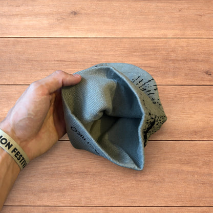 Cool Japanese vintage style beanie hat with graphic design in grey.