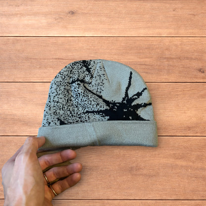 Cool Japanese vintage style beanie hat with graphic design in grey.
