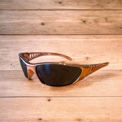 Cool wrap around sunglasses in rose gold frame with black lense. One size.