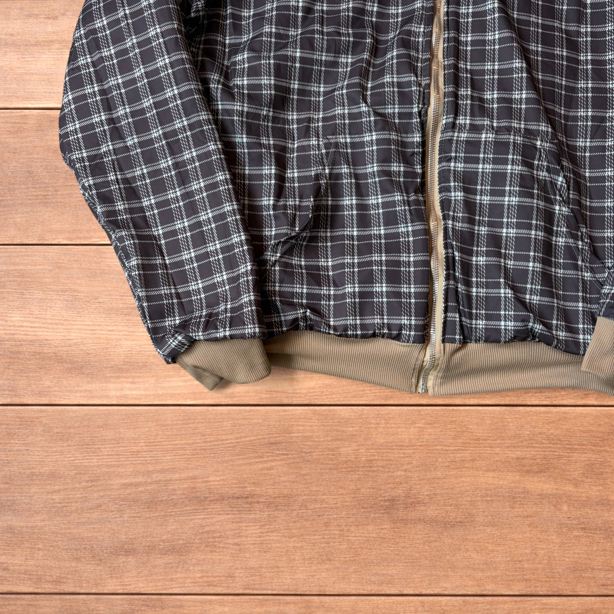 Oversized baggy brown zip up hoodie jumper reversible with black and white checkered interior hood.