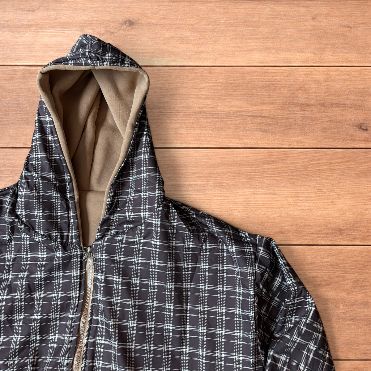 Oversized baggy brown zip up hoodie jumper reversible with black and white checkered interior hood.
