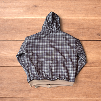 Oversized baggy brown zip up hoodie jumper reversible with black and white checkered interior hood.