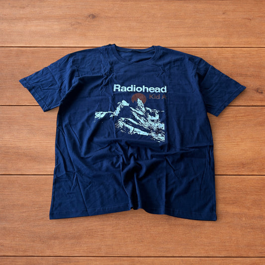Radiohead Kid A T-shirt with front graphic in navy blue.