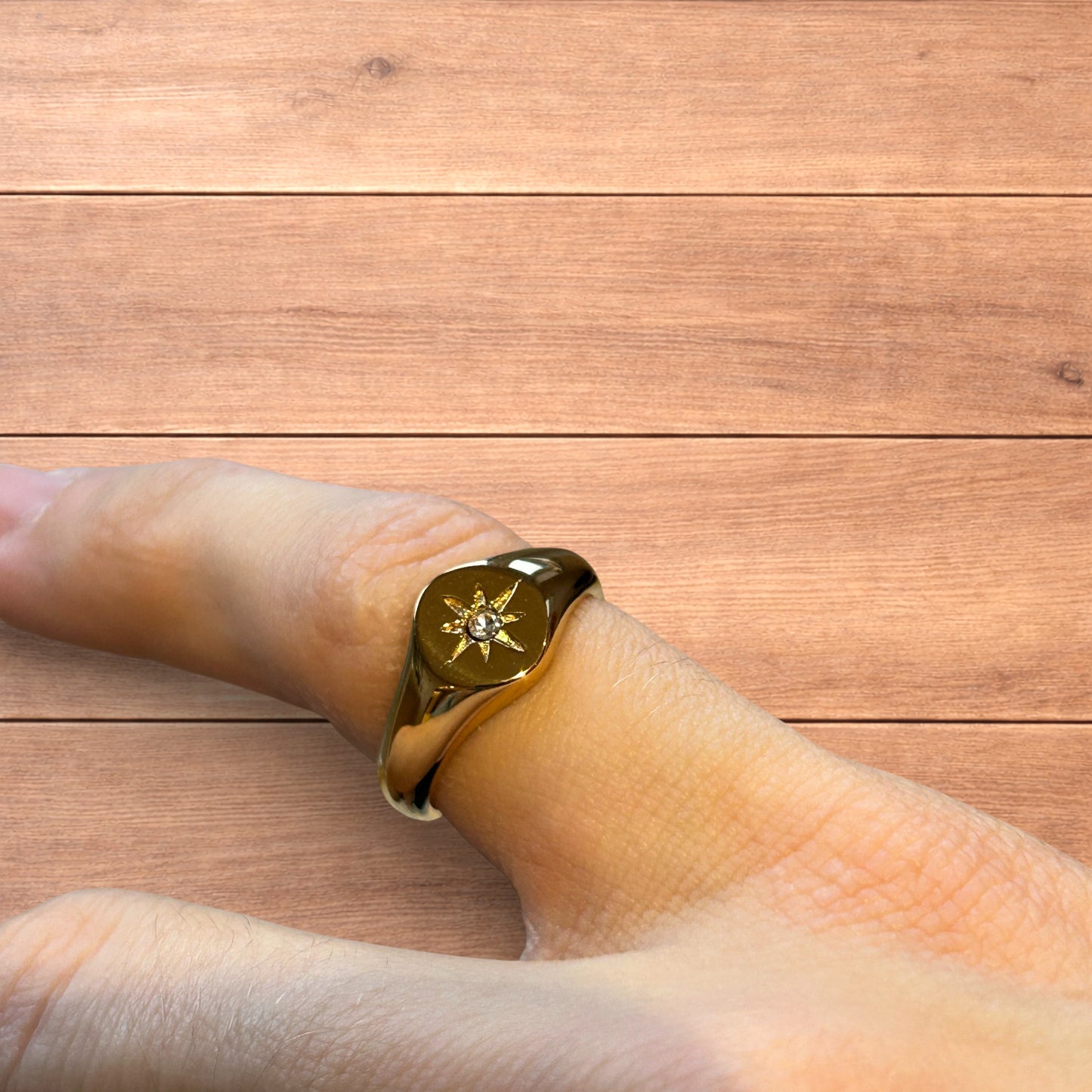 Lovely vintage style signet ring with diamond star detail in gold.