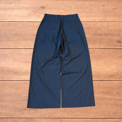 Vintage style baggy wide leg pinstripe tailored trousers in navy blue.