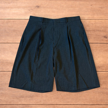 Vintage style baggy wide leg pinstripe tailored shorts jorts in black.