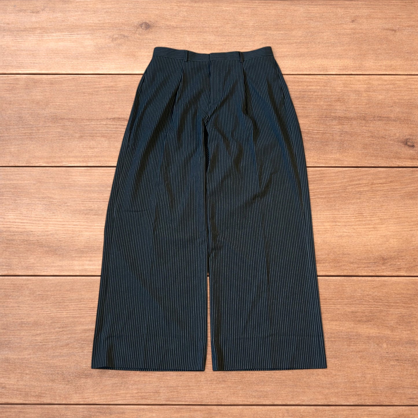Vintage style baggy wide leg pinstripe tailored trousers in black.