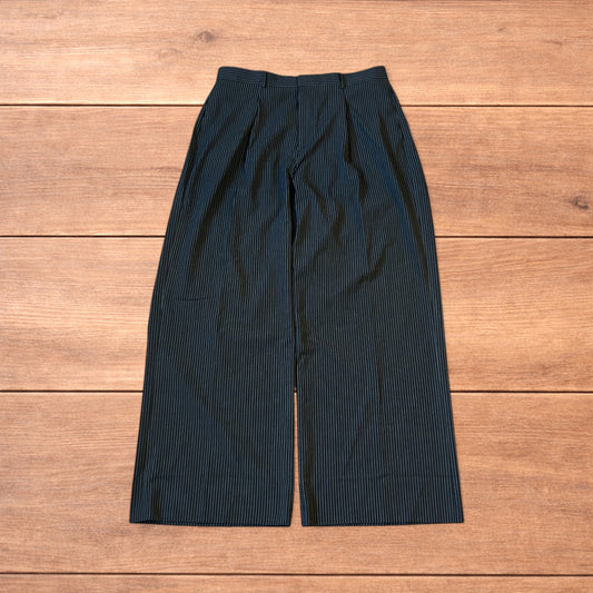 Vintage style baggy wide leg pinstripe tailored trousers in black.