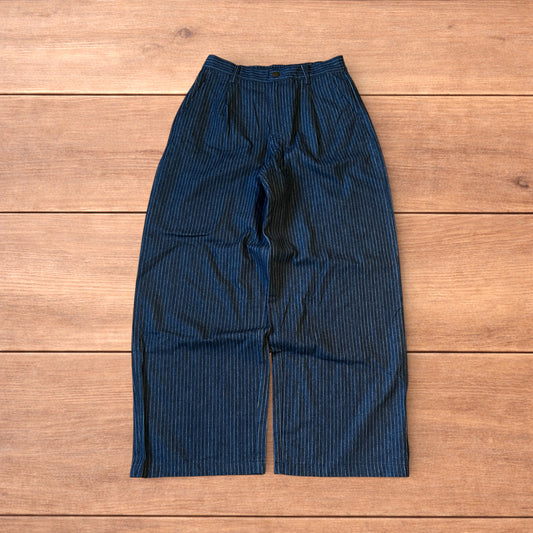 Vintage style baggy wide leg pleated twill pinstripe trousers in navy blue.